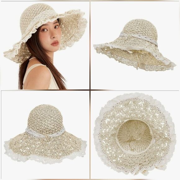 🔸️⏭️NWT Cream Wide Brim Ruffled Lace Straw Hat - Picture 13 of 13